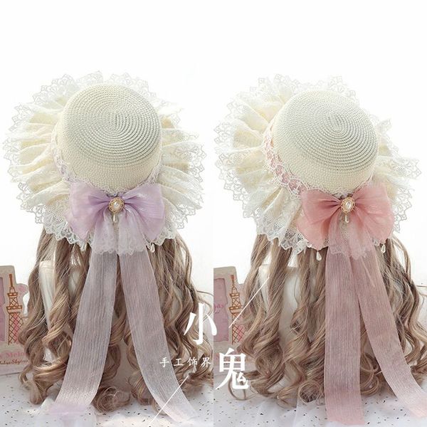 

kawaii princess mori girl summer straw hats women beach sun hat japanese lolita lace bow ribbon round flat female headwear, Blue;gray