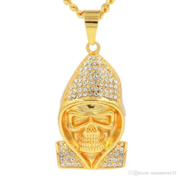 

hip hop skull with hat gold pendants necklaces & pendants bling bling iced out crystal necklaces stainless steel rope chain, Silver
