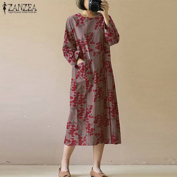 

casual dresses 2021 autumn floral printed sundress zanzea women long sleeve dress vintage o neck midi vestidos female robe plus size 5xl, Black;gray