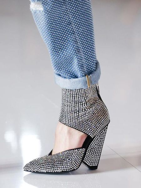 

pointed runway shoes woman toe luxury crystals high heels ankle pumps spike heels gladiator shoes women rhinestone, Black