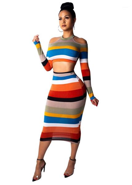 

mid-calf dress women designer clothes women two piece dresses fashion striped colorful suits long sleeve crop, White