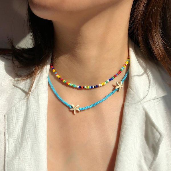 

bohemian colorful seed beads necklace long horn pendant starfish multi-layer pearl necklace set clavicle chain women jewelry, Silver