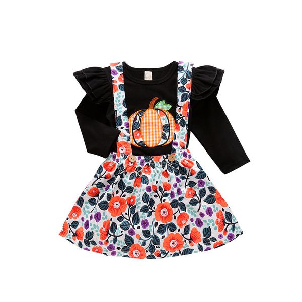 

kids girls dress suit halloween pumpkin printed long sleeve t-shirt toddler little floral strap dress kids flower clothes sets 060819, White