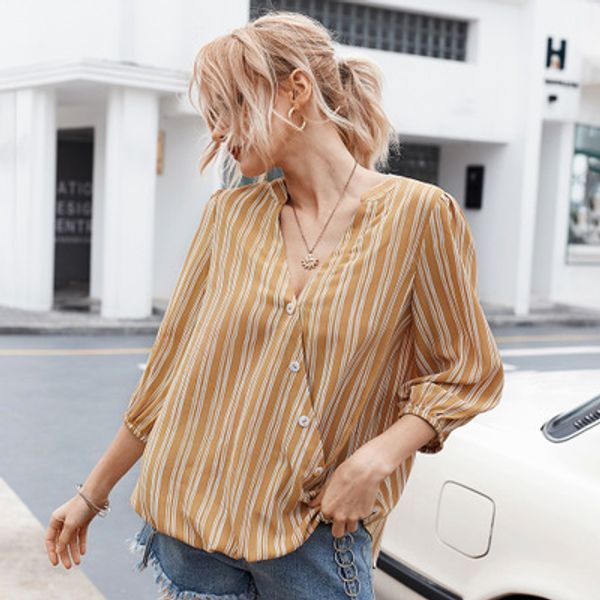 

2020 shirt women summer and autumn new products v-neck casual shirt striped three-quarter sleeve fashion short-sleeved women, White