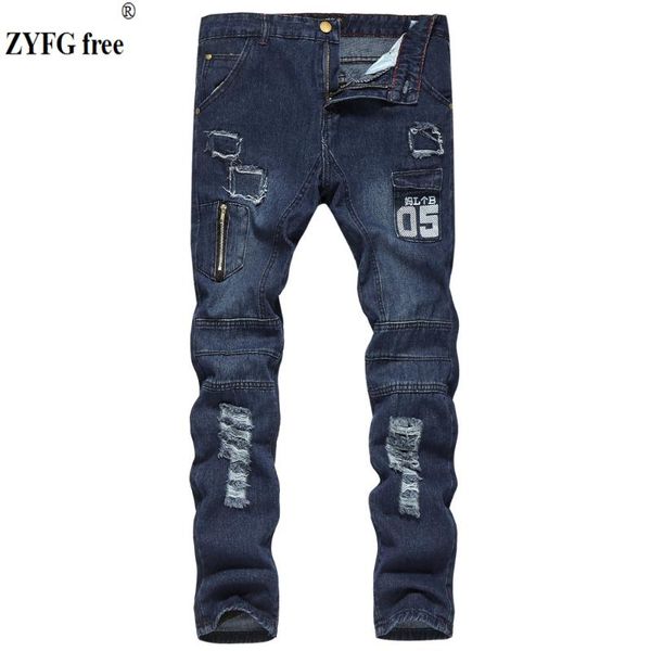 

zyfg men fashion casual jeans personality zipper holes decorate jeans youth full length trousers men large size, Blue
