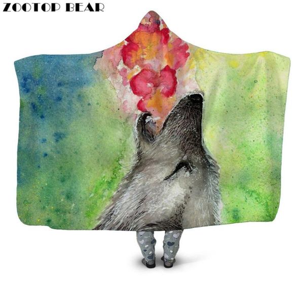 

new 3d printing throw hooded blanket fashion wolf animal wearable warm cobertor fleece bedding office quilts soft adults travel