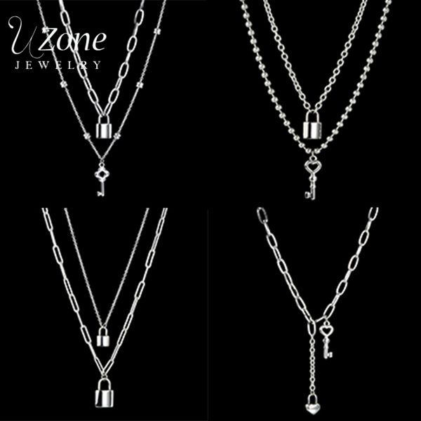 

uzone fashion double-layer key lock pendant necklace stainless steel padlock chain necklaces for women men party gift jewelry, Silver
