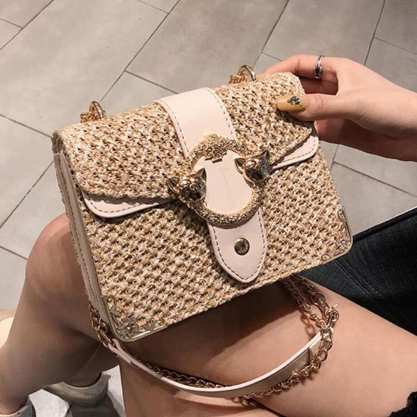 

elegant female flap square bag 2020 summer new quality straw women designer handbag lock chain travel shoulder messenger bag #55