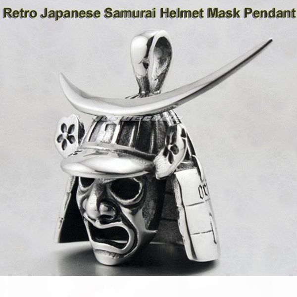 

solid 316l stainless steel japanese samurai helmet mask pendant biker's retro armor pendant 4p013 + leather or steel necklace, Silver