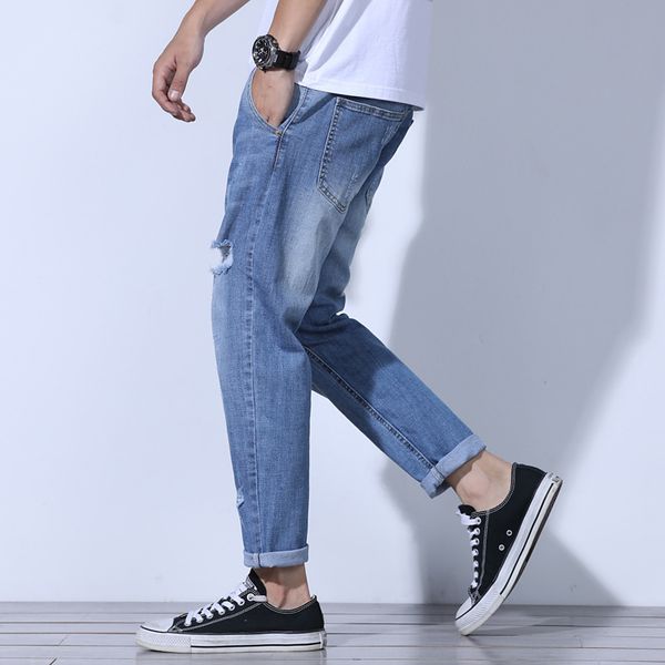 

men's jeans summer capri hole pants stretch harem loose thin, Blue