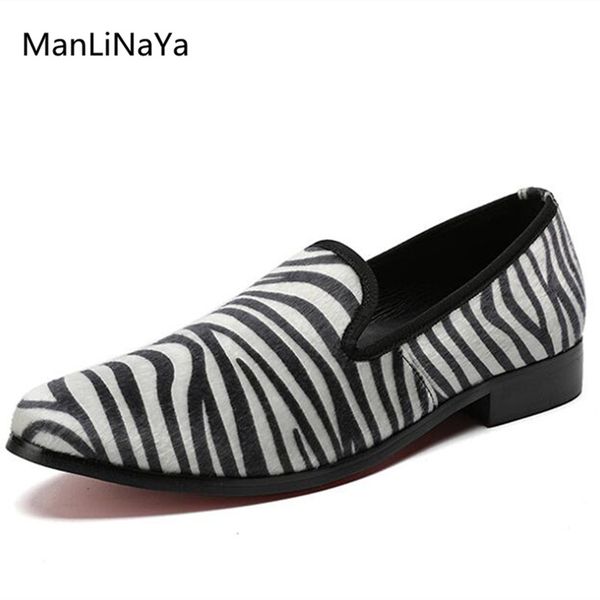 

new genuine leather zebras grain casual shoes round toe slip on male loafers white black stripes breathable men smoking slippers