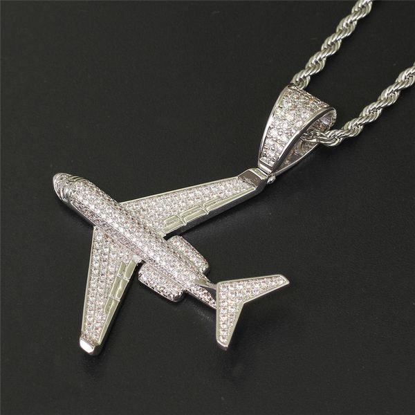 

full cubic zirconia aircraft air plane pendant necklace hip hop men's jewelry gift necklace for women, Silver