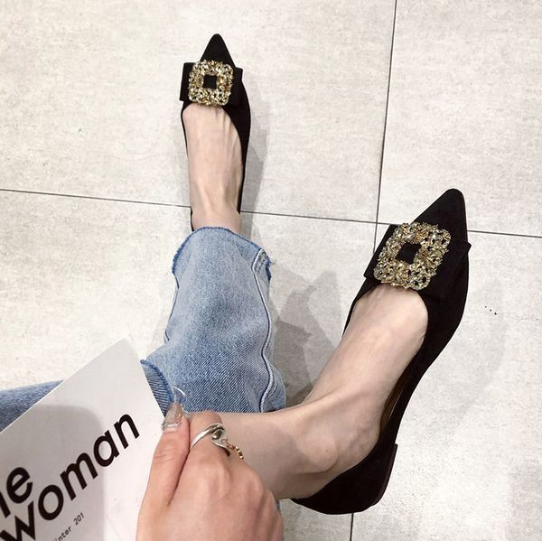 

2020 autumn women flats pointed toe slip on flat shoes faux suede shallow shoes metal dress female zapatos mujer 8371n, Black
