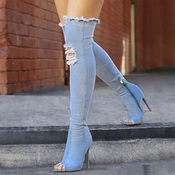 

cowboy boots women's over the knee boots women thigh high ladies peep toe thin high heels female shoes plus size 43, Black