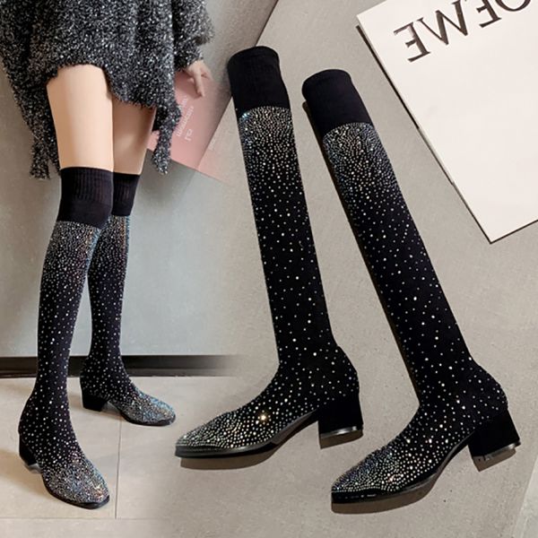 

over the knee women sock boots round toe mid heeled rhinestone slip on bling shoes fashion knee high boots woman dress shoe, Black