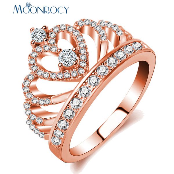

moonrocy cubic zirconia rose gold color crystal cz wedding rings crown jewelry for women girls gift drop shipping gift wholesale, Golden;silver