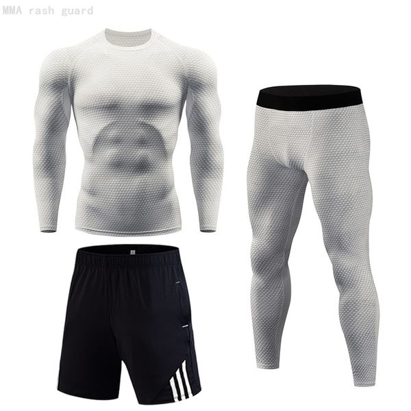 

compression men's tight sportswear moisture wicking gym running t-shirt sports leggings jogging shorts 3-piece set rashgard male, Black;blue