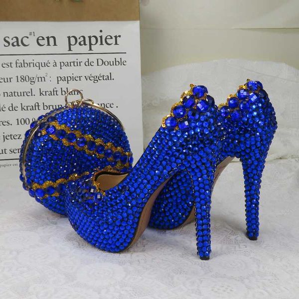 

baoyafang royal blue crystal women wedding shoes with matching bags high heels platform shoes woman round toe high pumps, Black