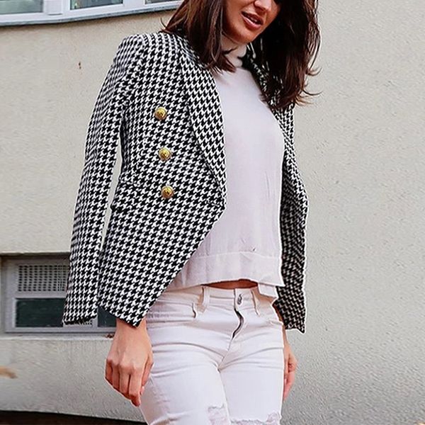 

blazer черный зубчатый воротник осень плед для slim с длинным рукавом женские двойной брестед дамы костюм 2020 мода формальные женщины топы, White;black