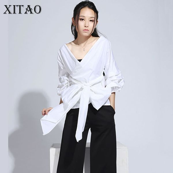 

xitao] 2020 summer new arrival korea fashion female three quarter sleeve v-neck blouses women solid color bandage shirts cxb348, White
