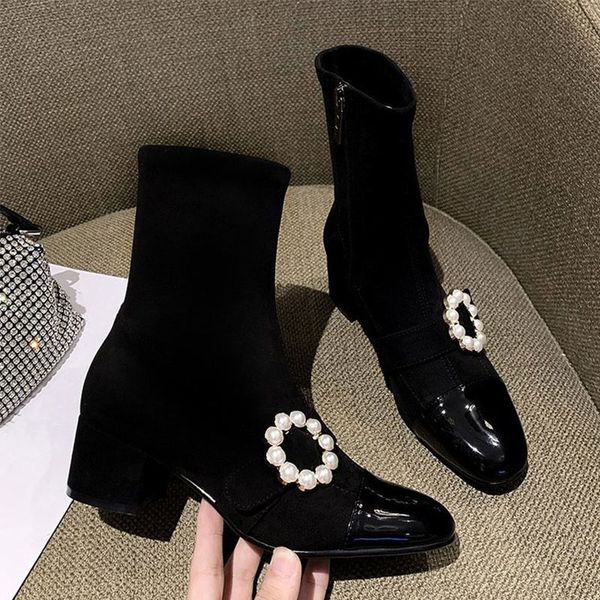

boots woman drop female zipper pearls flower mid heels pointed toe winter ladies shoes women's mid-calf, Black
