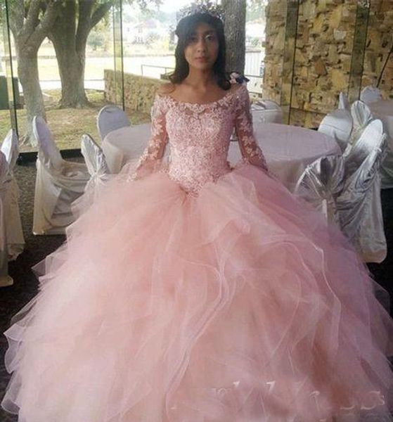 

cascading ruffles ball gown quinceanera dresses long sleeve hollow back illusion bodice sweep train applique prom party gowns sweet 15 dress