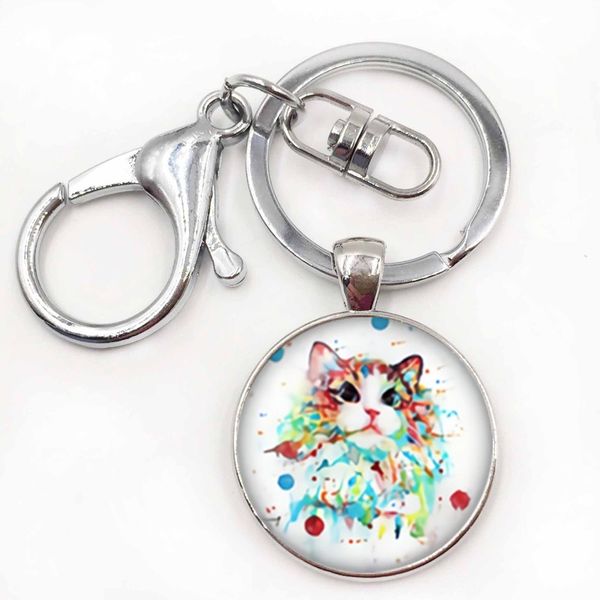 

keychains art charm color depicting cute cat round po keychain gift, Silver