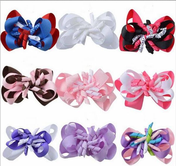 

girl 4" layered korker hair accessories bow clips curly ribbon boutique corker hair bands kids hairpin handmade headwear 1pair, Slivery;white