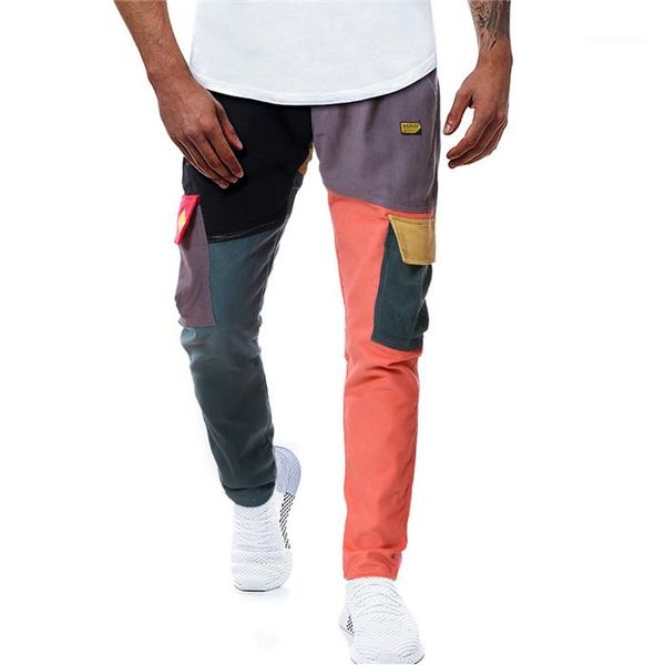 

hip hop new style pant men fashion drawstring pocket cargo toursers mens corduroy colorful patchwork pants man, Black