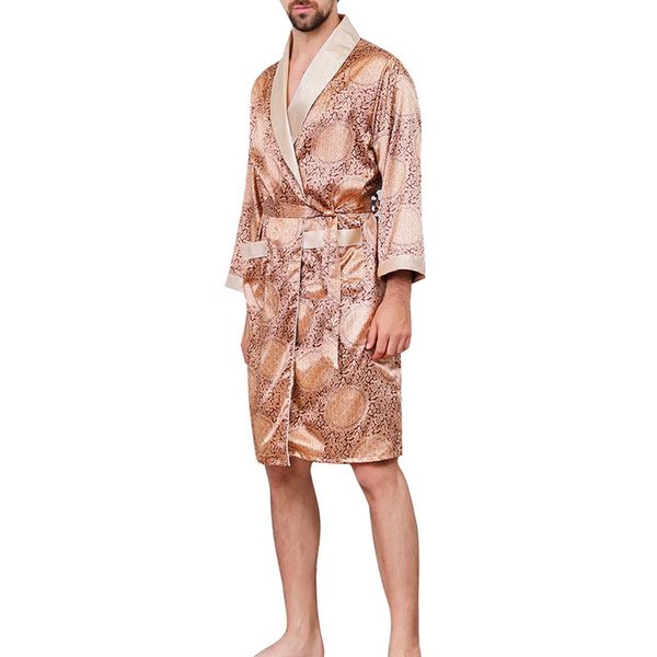 

calofe plus size 5xl robe men summer sleepwear robe kimono fashion printed soft silk long sleeve comfortable male nightwear, Black;brown