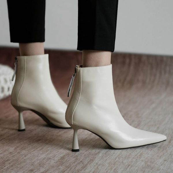 

women genuine leather stiletto heels ankle boots pointed toe zip fall winter fashion zip dress black brown flesh-colored booties