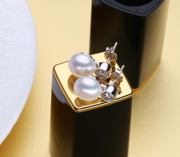 

wholesale natural pearl earrings cultured freshwater pearls with 925 silver 2018 new geometric round shape stones88, Golden;silver