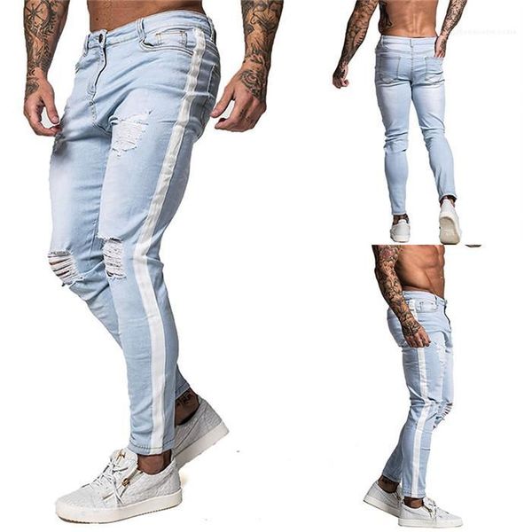 

light colored hole jeans casual skinny midrise straight leg pants male designer jeans mens, Blue