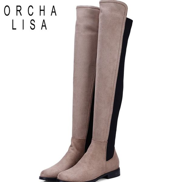 

orcha lisa mixed colors women boots over the knee flats boots sapatos femininos flock round toe patchwork winter a713c, Black