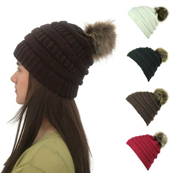 

women winter warm knitted beanie ski hat faux fur bobble pom pom cap ladies solid knitted winter hats, Blue;gray