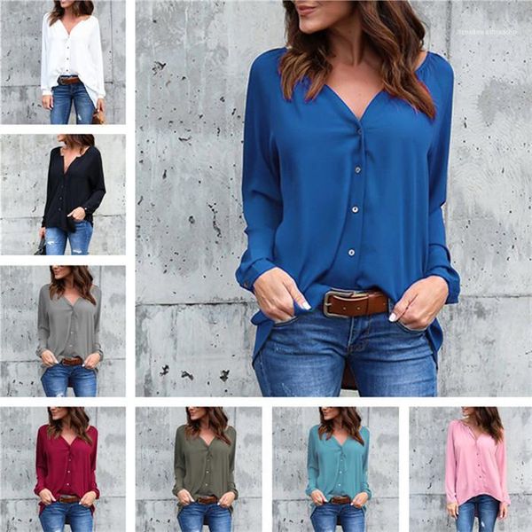 

single breasted shirt ladies designer loose women v neck blouses casual solid color long sleeve, White