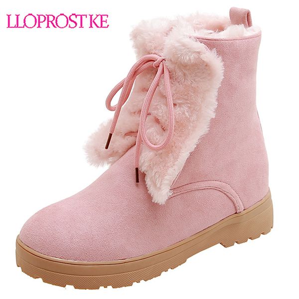 

lloprost ke 2020 winter cute womens snow boots thick warm fur ankle boot pink black lolita winter shoes woman flat lace up boot