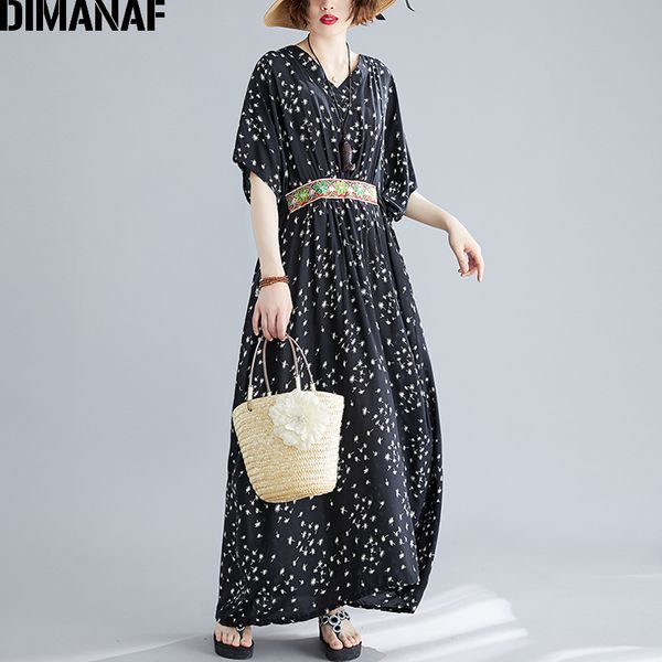 

dimanaf plus size dress women clothing elegant lady vestidos summer sundress bohemian floral print loose maxi long dress belt, Black;gray