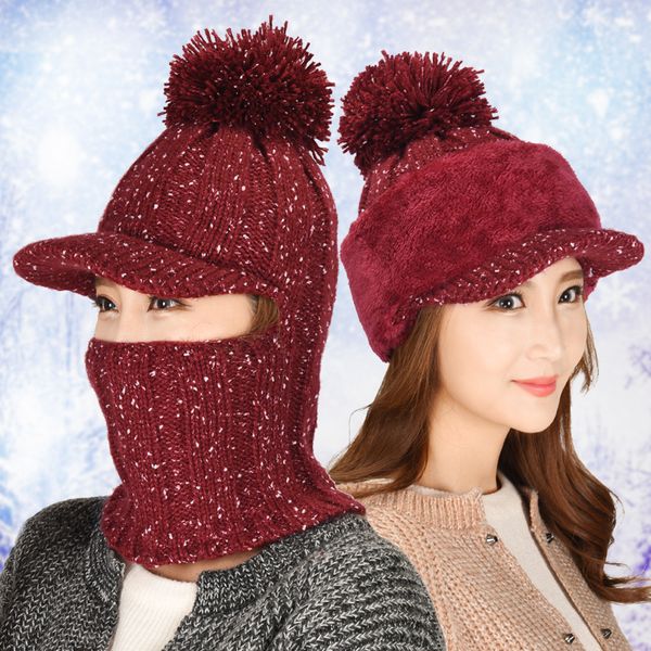 

women's warm knitted hat fashion warm mask woolen cap thickened nap thread knitting pompom hat neck mask integrated cap b-8573, Blue;gray