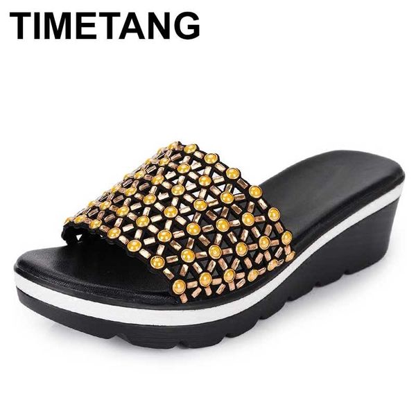 

timetang hollow out slippers women 2020 summer genuine leather fashion ladies mother wedge shoes diamond woman sandals, Black