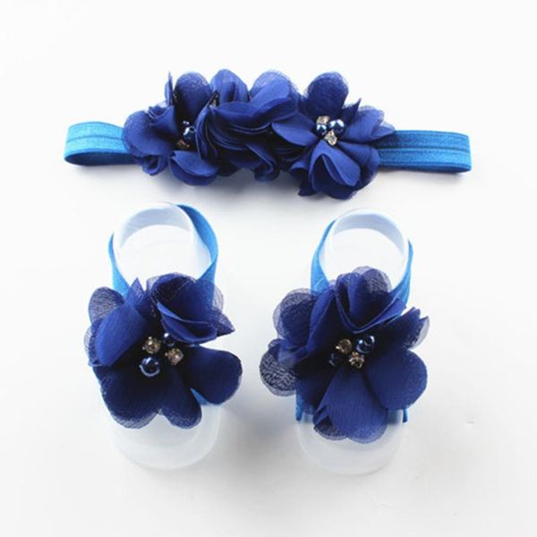

chiffon rhinestone headband foot flowers set newborn hair band ribbon baby elastic headdress hair accessories pgraphy props, Slivery;white