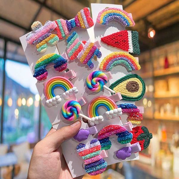 

1set new girls cute soft glue rainbow hairpins children sweet hair clips barrettes princess hair accessories kid headdress, Slivery;white