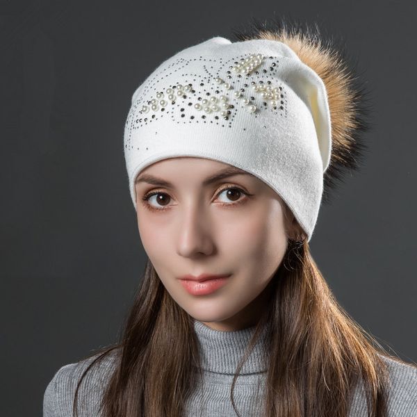 

winter hat women wool knit beanie autumn raccoon fur pompon pearl double layers headwear outdoor skiing snow accessory, Blue;gray