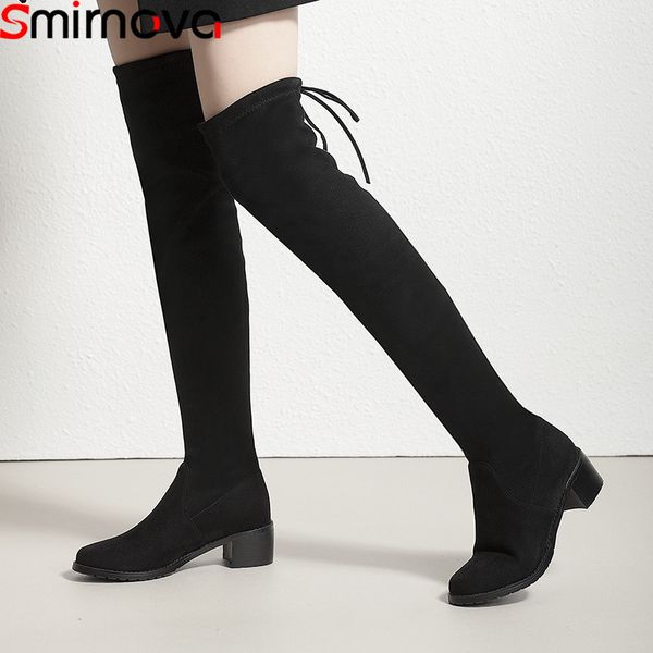 

smirnova size 33-43 fashion over the knee boots women med heels thigh high boots round toe cross tied elastic 2020 new, Black