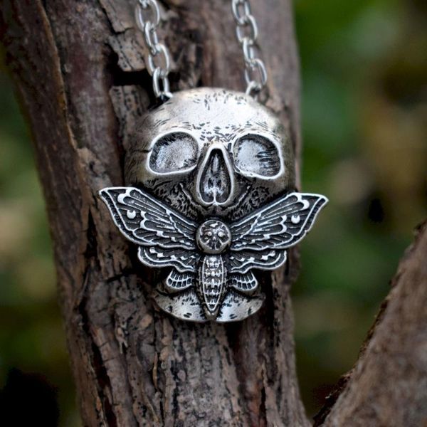 

vintage halloween dead skull necklace pendant moth necklaces, Silver