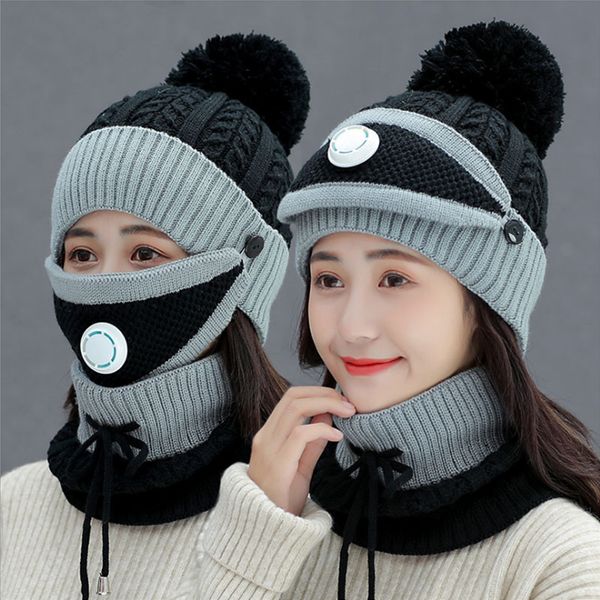 

2020 winter hat for women plus velvet warm beanie fashion patchwork scarf mask knit gorro protect ears three-piece, Blue;gray
