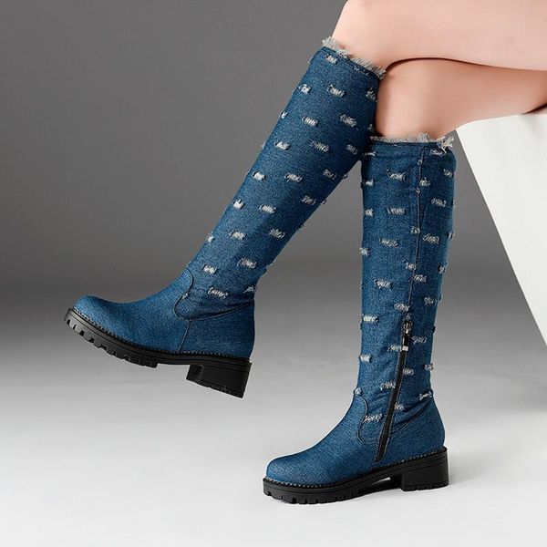 

boots 2021 fashion casual female denim middle tube old women's thick with round head shoes, Black