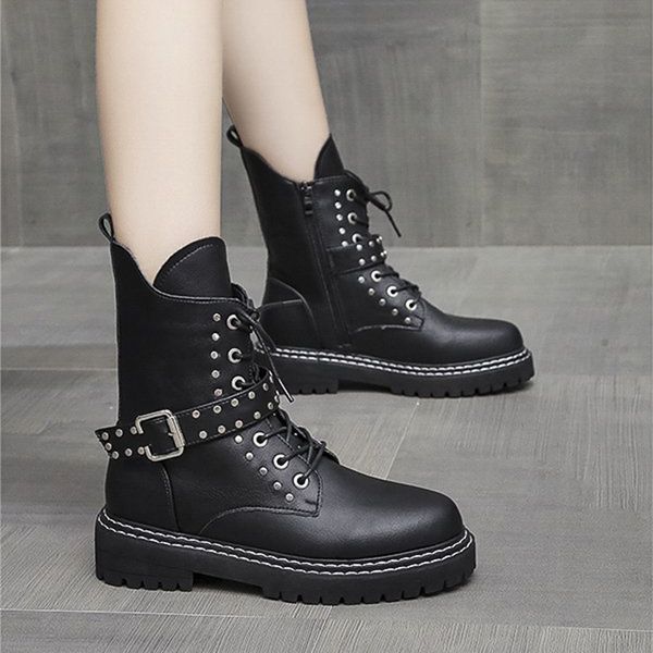

studs punk motorcycle boots women square metal buckle strap black booties 2020 muffins mid-calf botas med high heels shoes woman