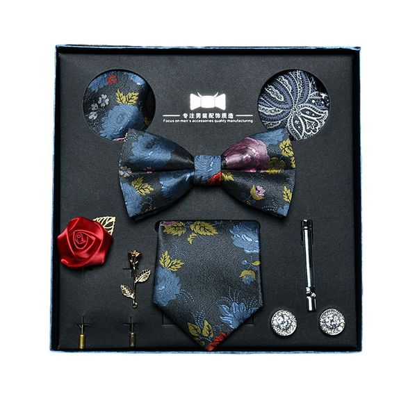 

business gift men's necktie set cufflink bow tie clip handkerchief dress party casual gift father plot tie 8 piece suit, Black;blue