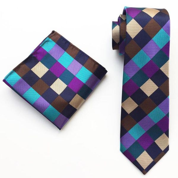 

ricnais fashion 8cm formal silk pocket square&tie set red grey plaid jacquard handkerchief necktie suit for men business gravata, Blue;purple